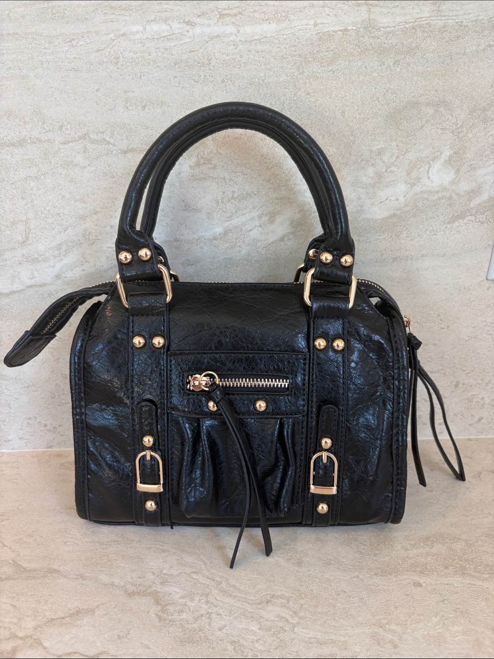 Black Women's Structured Satchel Handbag with Gold Hardware